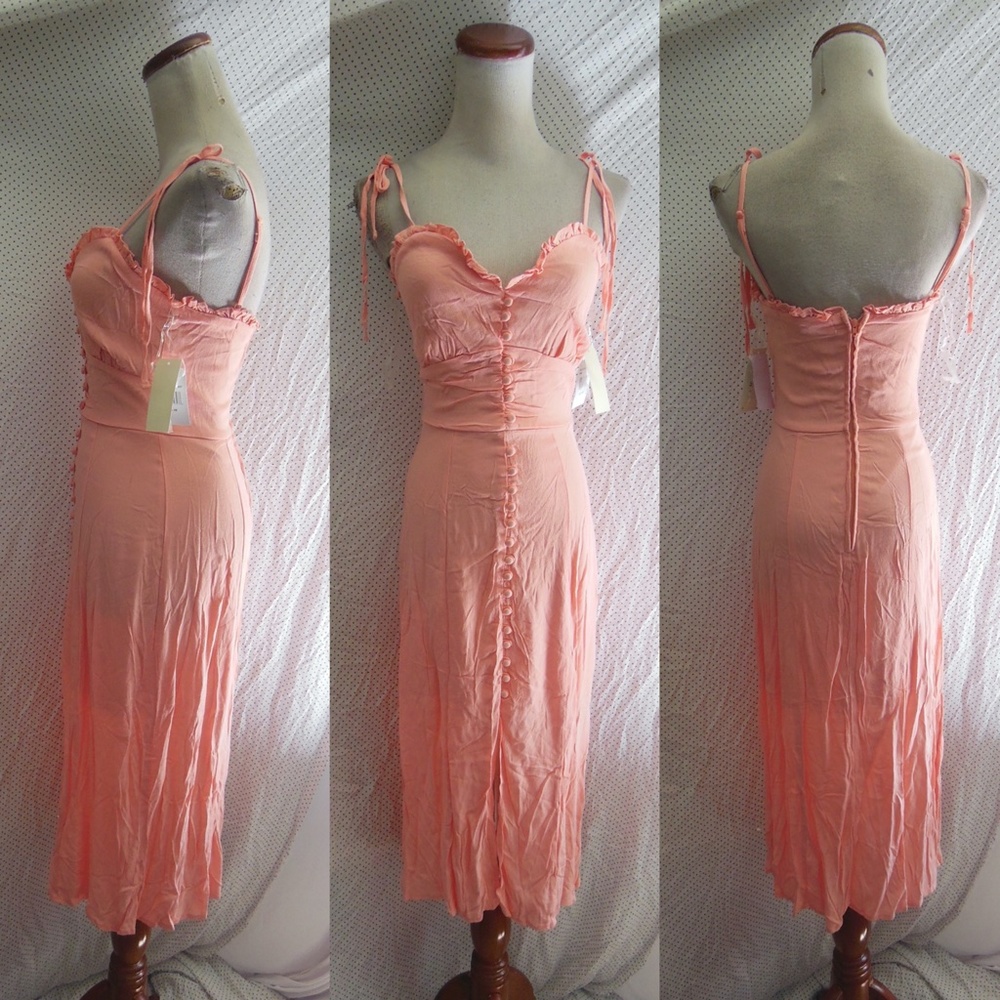 NEW ROW A Coral SOPHIE Button Front RUFFLE TRIM Midi DRESS XS
